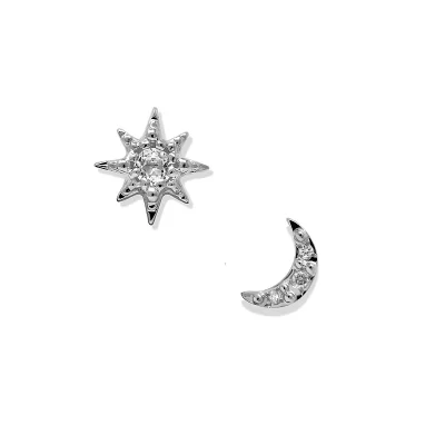 Silver and White Topaz Celestial Studs - Crescent Moon and Star