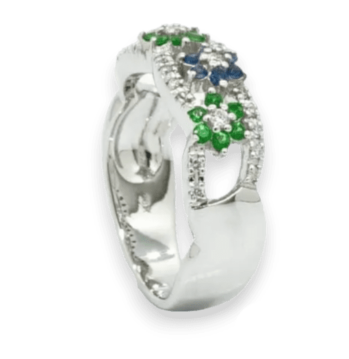 18 Karat White Gold Floral Diamond and Tsavorite Ring
