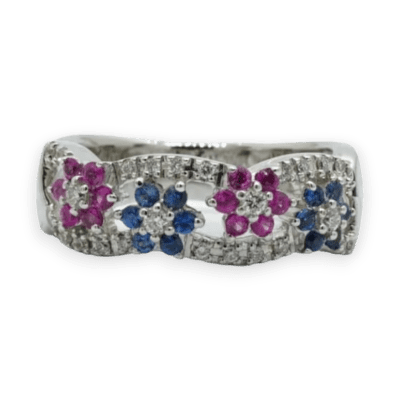 18 Karat White Gold Floral Diamond and Sapphire Ring