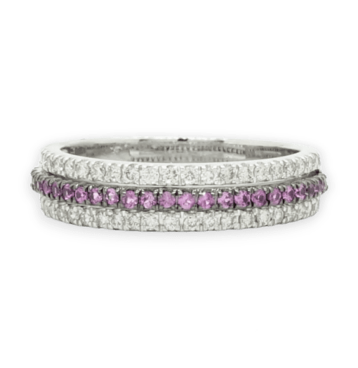 18 Karat White Gold Pink Sapphire and Diamond Triple Band