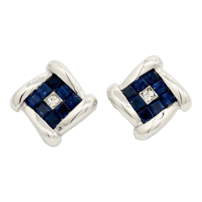 18 Karat White Gold Blue Sapphire and Diamond Stud Earrings