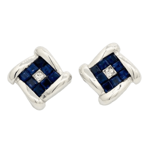18 Karat White Gold Blue Sapphire and Diamond Stud Earrings