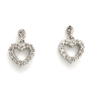 14 Karat White Gold Diamond Heart Dangle Earrings