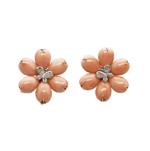 18 Karat Gold Coral Earrings with Diamond Butterflys