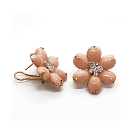 18 Karat Gold Coral Earrings with Diamond Butterflys