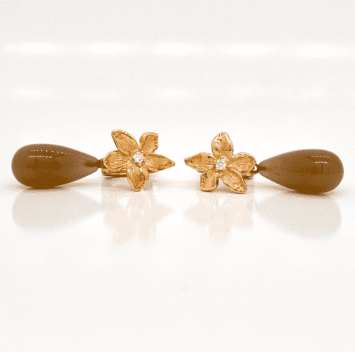 18 Karat Gold Rose Brown Moonstone and Diamond Drop Earrings